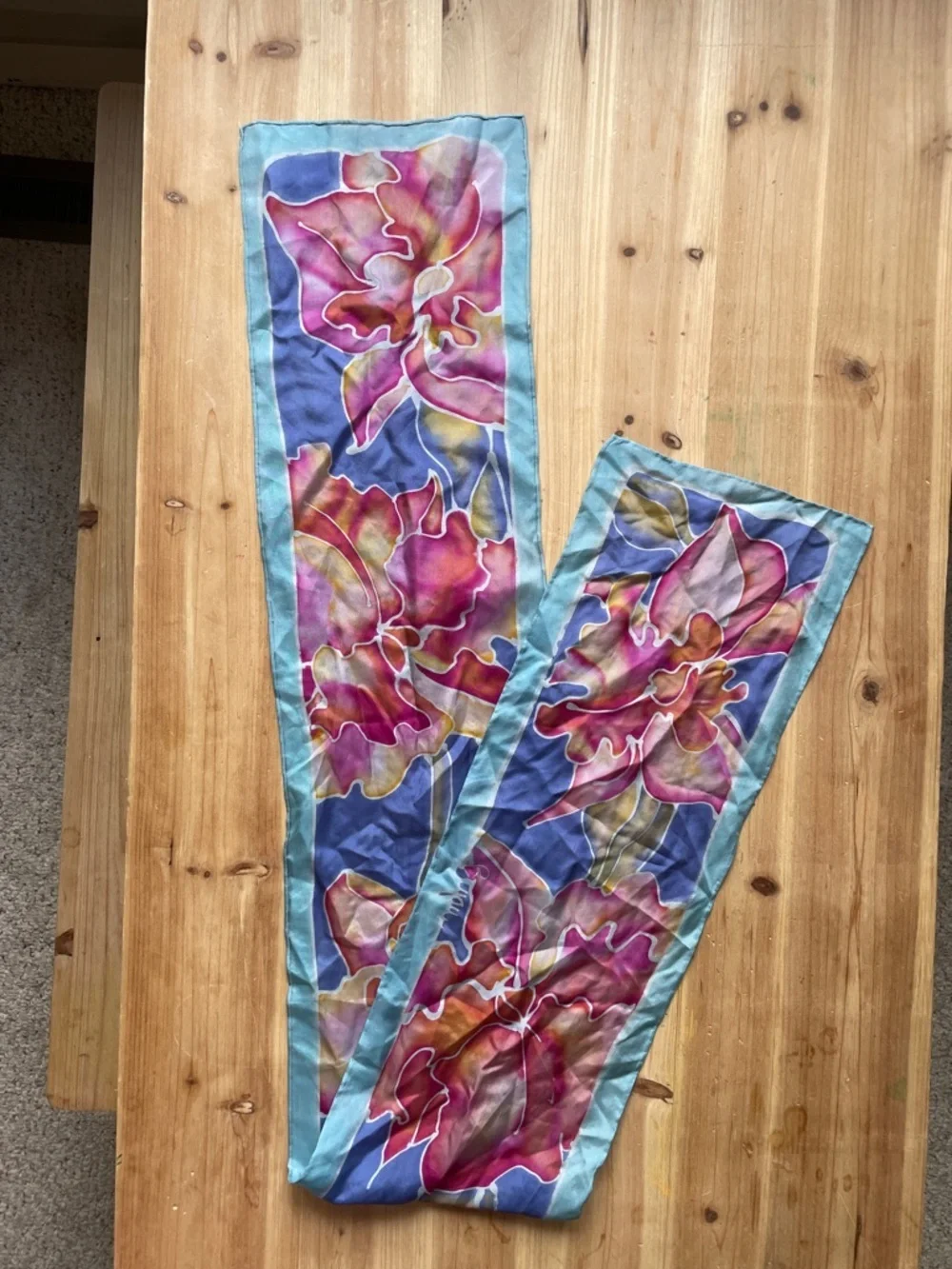 Hand Painted Floral Silk Scarf in Blue, Pink & Purple